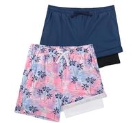 LACOFIA 2 Piezas Bañador Niños 2 en 1 Pantalones Cortos Playa/Piscina con Forro de Compresión Ropa de Baño para Niño Short de Natación con Cintura Elástica Azul Marino+Rosa 7-8 años