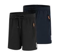 LACOFIA 2 Piezas Pantalones Cortos Secado Rápido Niño Shorts Verano Deportiva Ligero con Bolsillos con Cremallera Cintura Elástica Negro+Azul Marino 10-11 años