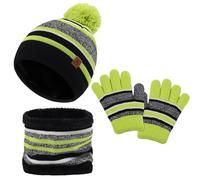 LACOFIA 3 Piezas Conjunto de Gorro Bufanda Guantes Invierno para Niños Beanie Punto con Pompon Sombrero Forro Polar Térmico para Niños 2-7 Años Verde