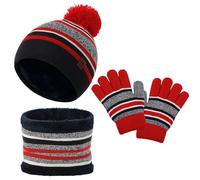 LACOFIA 3 Piezas Conjunto de Gorro Bufanda Guantes Invierno para Niños Beanie Punto con Pompon Sombrero Forro Polar Térmico para Niños 2-7 Años Rojo