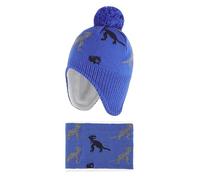 LACOFIA Conjunto de Gorro Invierno y Bufanda Cuello para Bebé Sombreros con Orejeras y Pañuelos de Cuello Set Gorro de Punto para Niños con Forro Polar Dinosaurio Azul 2-4 años L