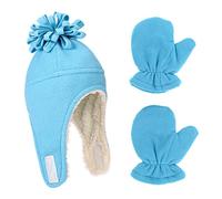 LACOFIA Conjunto de Gorros y Manoplas de Vellón cálido para Bebé Sombrero y Guantes de Piloto con Orejeras Invierno para Niñas Pequeños Rojo Azul Cielo 1-3 años