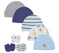LACOFIA Conjunto de Sombreros y Manoplas para Bebé Niños 100% Algodón Gorras y Guantes Anti-arañazos para Recién Nacido 8 PCS León Azul 0-6 Meses