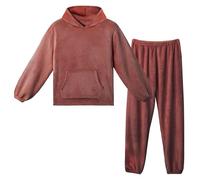 LACOFIA Conjuntos Pijamas de Forro Polar Mujer Pijamas Invierno de Manga Larga con Capucha Top y Pantalones Cálidos Ropa Dormir para Adultos y Adolescente Rojo Oscuro M