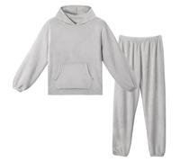 LACOFIA Conjuntos Pijamas de Forro Polar Mujer Pijamas Invierno de Manga Larga con Capucha Top y Pantalones Cálidos Ropa Dormir para Adultos y Adolescente Gris Claro L