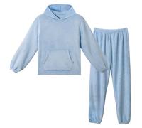 LACOFIA Conjuntos Pijamas de Forro Polar Mujer Pijamas Invierno de Manga Larga con Capucha Top y Pantalones Cálidos Ropa Dormir para Adultos y Adolescente Azul Claro XS