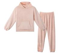 LACOFIA Conjuntos Pijamas de Forro Polar Mujer Pijamas Invierno de Manga Larga con Capucha Top y Pantalones Cálidos Ropa Dormir para Adultos y Adolescente Rosa Claro XS