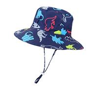 LACOFIA Sombrero de Sol Bebé Gorro Verano para Niños Sombrero Playa de ala Ancha UPF 50+ Proteccion Solar con Correa Ajustable para Barbilla Dinosaurio Azul Marino 6-12 Meses
