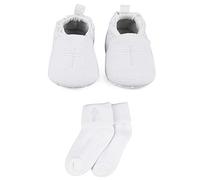 LACOFIA Zapatos Blancos del Bautizo de la Suela Blanda Antideslizante del bebé niños con los Calcetines Cruzados Bordados bebé Blanco 3-6 Meses