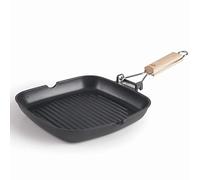 Lacor - 25148 - Sartén Grill SUA Acanalada de Aluminio Fundido 100% libre PFOA, Antiadherente Bicapa, Mango Plegable Madera de Roble, Fondo Full Induction, Apto para Inducción, 28 x 28 x 3,8 cm, Negro
