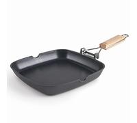 LACOR - 25158 - Sartén Grill SUA Lisa de Aluminio Fundido 100% libre PFOA, Antiadherente Bicapa, Mango Plegable Madera de Roble, Fondo Full Induction, Apto para Inducción, 28 x 28 x 3,8 cm, Negro