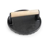 Lacor - 25862 - Prensa Hamburguesas Redonda Magma, Hierro Fundido, Mango Ergonómico de Abedul, Superficie Acanalada, Ø17.5 cm