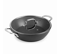 Lacor - 27038 - Cacerola baja con tapa Easy de Aluminio forjado, Recubrimiento antiadherente TRIcapa, Fondo Full Induction, Asa de Acero Inox, Tapa de Vidrio Templado, Ø 28 x 7,2cm, Negro