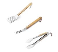 Lacor - 60270 - Set 3 Utensilios para Barbacoa, Set Barbacoa, Espátula Perforada, Tenedor, Pinza, Mango Madera de Caucho, Agarre Cómodo y Firme, Acero Inoxidable de Gran Calidad