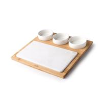 LACOR - 61040 - Tabla de Bambú Natural, 3 Cuencos, Bandeja para Servir Comida, Base de Mármol, Ideal para Presentar y Servir Platos y Aperitivos, Fácil Limpieza, Medidas: 28x28x4 cm