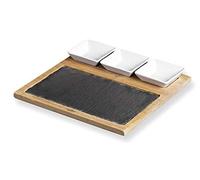 Lacor 61042 - Tabla Pizarra & Bambú con cuencos cerámicos para salsas, 28x28x1'5 cm