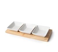 LACOR - 61240 - Bandeja de Bambú 28 x 10 cm, 3 Compartimentos x 100 ml, Bandeja de Aperitivos 100% Bambú y Porcelana, Fácil Limpieza, Apta para Lavavajillas, Ideal para Servir