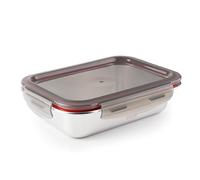LACOR - 64619 - Recipiente para alimentos rectangular Ecoinox, Acero inoxidable 18/10, 820 ml, Apto para microondas, horno, congelador y lavavajillas, Hermético, 4 Cierres de clip, BPA Free