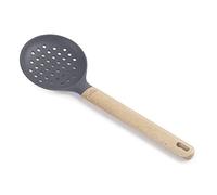 Lacor 68188 Espumadera Silicona Unite, Paleta Agujereada Profesional, Mango de Madera de Haya, No Daña la Sartén, Resistente a Altas Temperaturas, Libre de BPA, Largo: 34 cm, Ø11, Gris