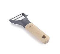 LACOR 68197 Pelador de Patatas, Fruta y Verdura, Mango de Madera de Haya, Cuchilla Lisa en Acero Inoxidable, Cabezal en Polipropileno y Fibra de Vidrio, Libre de BPA, 14 cm, Gris