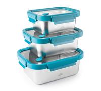 Lacor Etern - Lote De 3 Recipientes Rectangulares De 0.8l, 1.2l Y 1.8l En Acero Y Cristal Apto Microondas