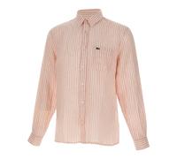 LACOSTE Camisa regular fit de lino a rayas. Color salmón