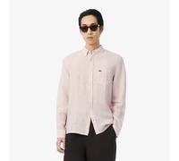 LACOSTE Camisa regular fit de lino a rayas. Color salmón