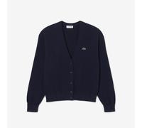 LACOSTE Chaqueta de punto con cuello de pico con botón. Color azul marino