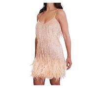 LADFRTYU Vestido con Flecos Vestido Mini Sexy con borlas y Lentejuelas for Mujer, Tirantes Finos Costuras, Elegante for Fiesta de Noche Club(Champagne,L)