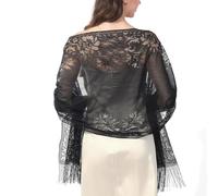 Ladiery Bufanda de encaje floral para mujer con borlas, malla suave con flecos, para vestidos de fiesta de noche de boda, Negro -, 72.8” x 24.8” (185 x 63 cm)