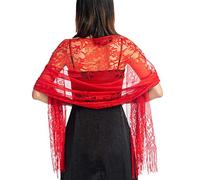 Ladiery Chal de encaje floral con borlas, malla suave con flecos, para vestidos de fiesta de noche de boda, Rojo -, 72.8" x 24.8" (185 x 63 cm)