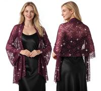 Ladiery Chales brillantes y envolturas para vestidos de noche, chal de encaje de lentejuelas con diamantes de imitación, estola formal para fiesta, Rojo oscuro-1, Talla única