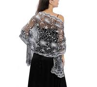 Ladiery Chales y envolturas de lentejuelas y estrellas para vestidos de noche, chales de boda de malla transparente brillante para fiesta de noche, Negro y plateado., 190*60 CM/75*24 INCH