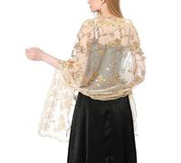 Ladiery Chales y envolturas florales de lentejuelas para vestidos de noche, chales de boda de malla transparente brillante para fiesta de noche, Beige dorado, 190*60 CM/75*24 INCH