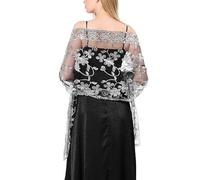 Ladiery Chales y envolturas florales de lentejuelas para vestidos de noche, chales de boda de malla transparente brillante para fiesta de noche, Negro y plateado., 190*60 CM/75*24 INCH