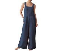 Ladies Cotton Linen Jumpsuits Sleeveless Loose Fit Wide Leg Dungarees Casual Overall with Pockets Plain Rompers Women Summer Playsuits for Holiday C-168
