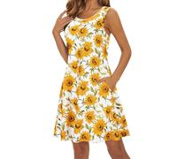 Ladies Floral Print Mini Dresses with Pocket Summer Crewneck Sleeveless Sexy Short Tank Dress Casual Baggy Beach Sundress for Holiday Party C-181
