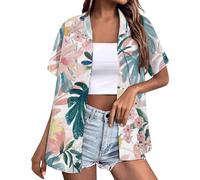 Ladies Hawaiian Shirts Soft Cool Summer Shirt Floral Tropical Print V Neck T Shirt Short Sleeve Button Lapel Top Basic Blouse for Holiday Party C-230