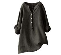 Ladies' Loose Fit Solid Color Stand Collar Button Down Long Sleeve Cotton Linen Blouse for Women, Comfortable Casual Wear