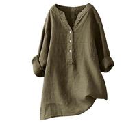 Ladies' Loose Fit Solid Color Stand Collar Button Down Long Sleeve Cotton Linen Blouse for Women, Comfortable Casual Wear