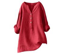 Ladies' Loose Fit Solid Color Stand Collar Button Down Long Sleeve Cotton Linen Blouse for Women, Comfortable Casual Wear