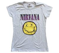 Camiseta Nirvana Smiley Pink Band Logo Oficial Mujeres Skinny Fit Gris Jaspeado, gris, XXL