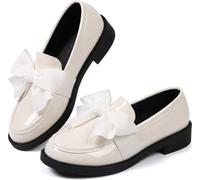 Ladies Patent Leather Loafers with Bow, Pink Slip-On Flat Shoes, Casual Comfort Footwear Work Daily Casual Dressy (White,40)
