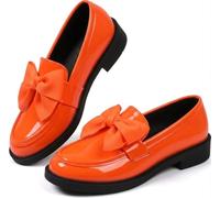Ladies Patent Leather Loafers with Bow, Pink Slip-On Flat Shoes, Casual Comfort Footwear Work Daily Casual Dressy (Orange,36)