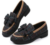 Ladies Patent Leather Loafers with Bow, Pink Slip-On Flat Shoes, Casual Comfort Footwear Work Daily Casual Dressy (Houndstooth Blue Purple,38)