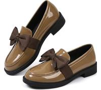 Ladies Patent Leather Loafers with Bow, Pink Slip-On Flat Shoes, Casual Comfort Footwear Work Daily Casual Dressy (Khaki,35.5)