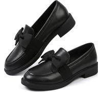 Ladies Patent Leather Loafers with Bow, Pink Slip-On Flat Shoes, Casual Comfort Footwear Work Daily Casual Dressy (Matte Black,40)