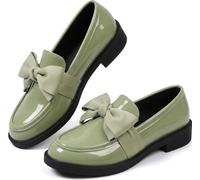 Ladies Patent Leather Loafers with Bow, Pink Slip-On Flat Shoes, Casual Comfort Footwear Work Daily Casual Dressy (Green,39)