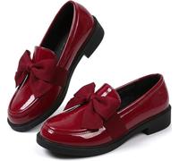 Ladies Patent Leather Loafers with Bow, Pink Slip-On Flat Shoes, Casual Comfort Footwear Work Daily Casual Dressy (Burgundy,39.5)