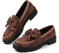 Ladies Patent Leather Loafers with Bow, Pink Slip-On Flat Shoes, Casual Comfort Footwear Work Daily Casual Dressy (Houndstooth Brown,35)